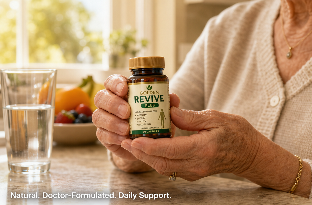 Detailed () close-up lifestyle photography: a pair of warm, mature hands (woman in her 70s) holding a small amber supplement