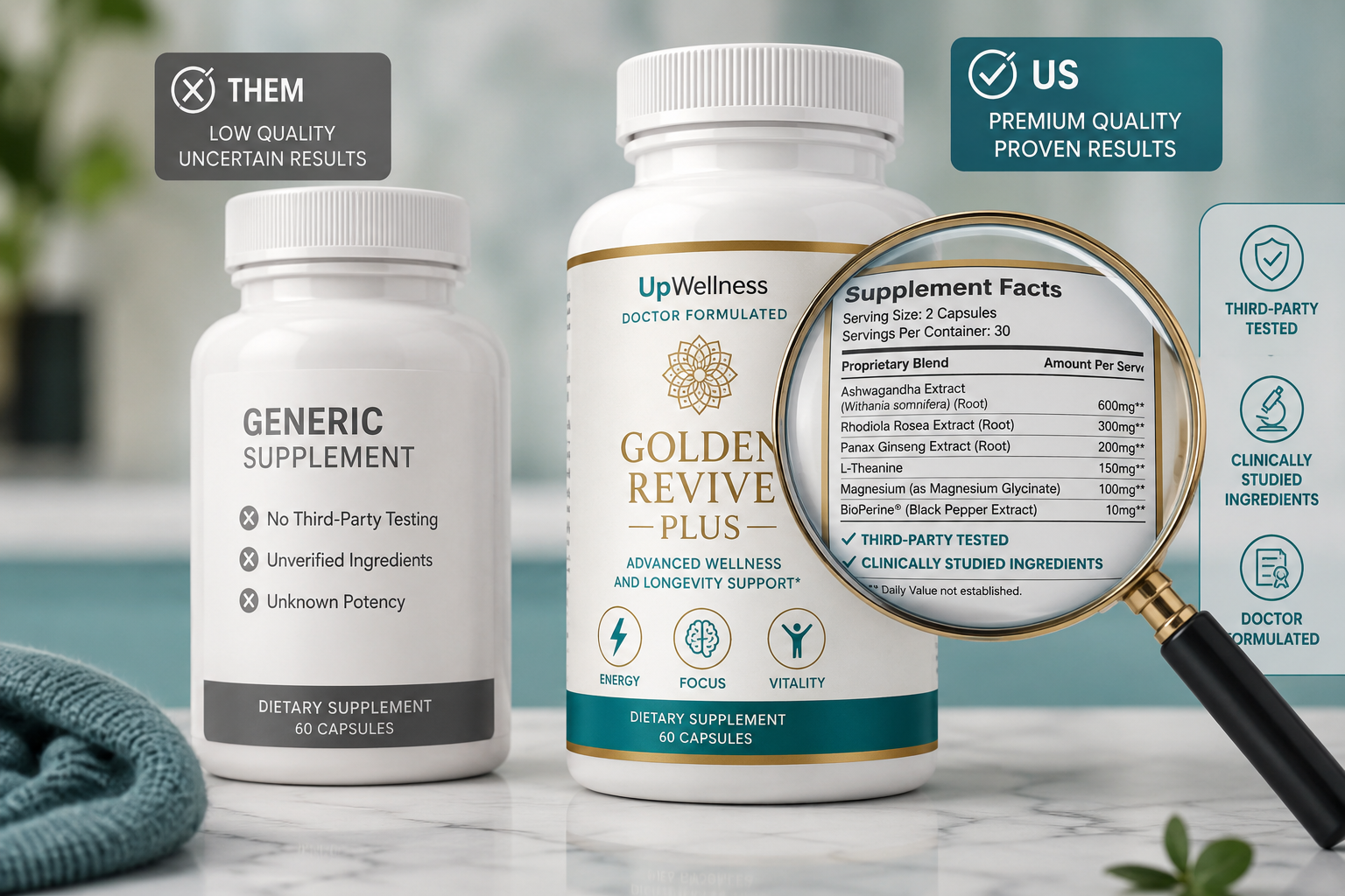 joint support supplements 2 Detailed () close-up product comparison scene showing two supplement bottles side by side on a clean marble surface — one
