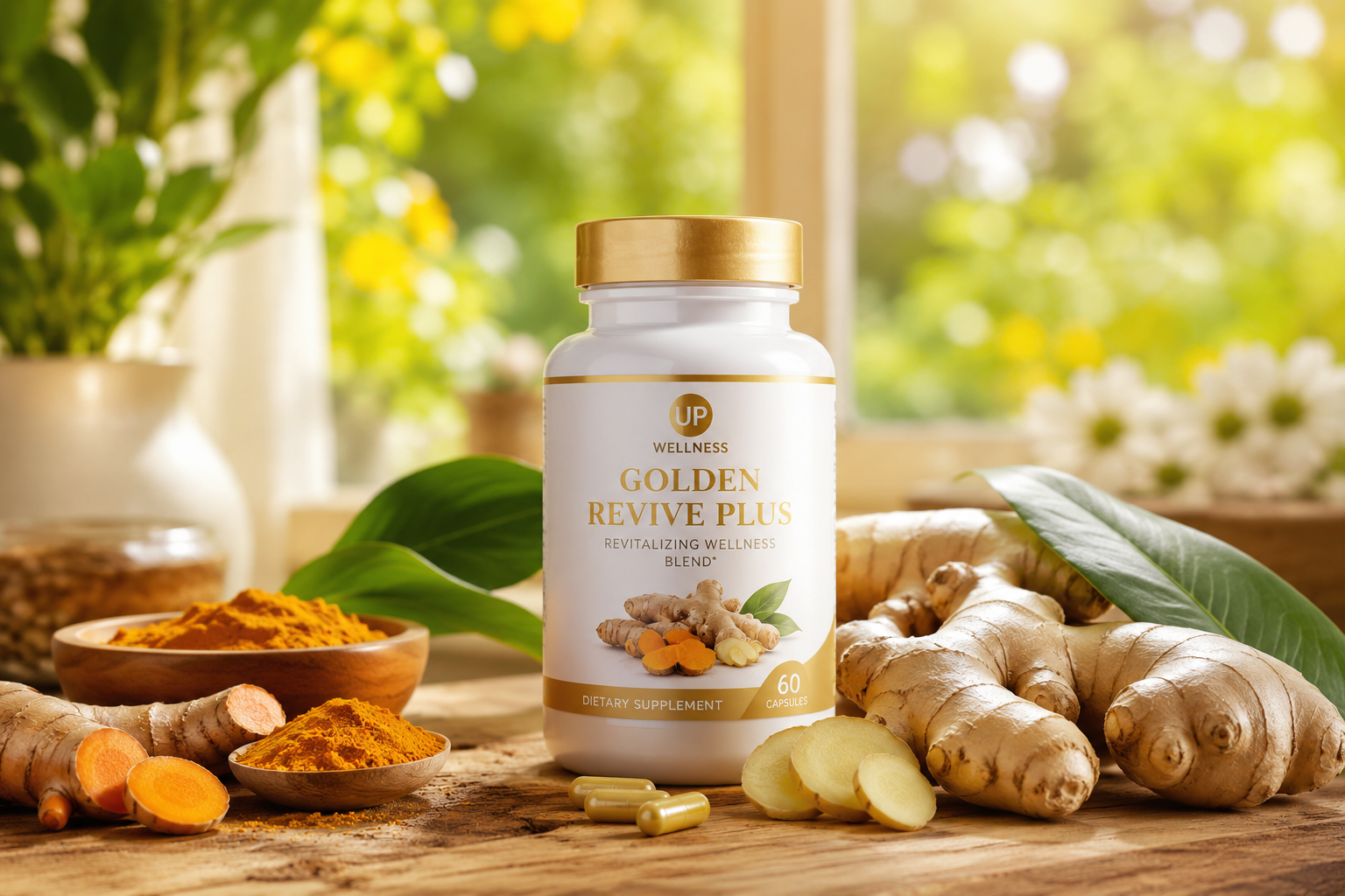 Detailed () close-up product lifestyle shot of a premium supplement bottle labeled 'Golden Revive Plus' on a natural wooden