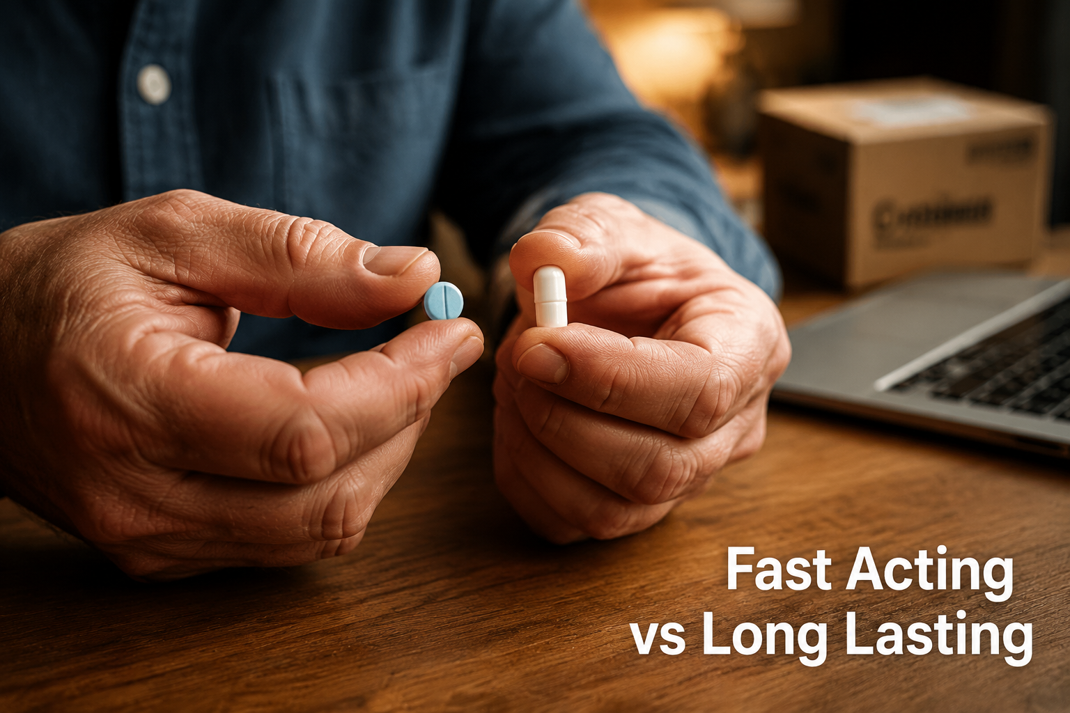directmax vs viagra comparison 2 Detailed () close-up shot of a mature man's hands holding a small blue pill and a white capsule side by side on a wooden