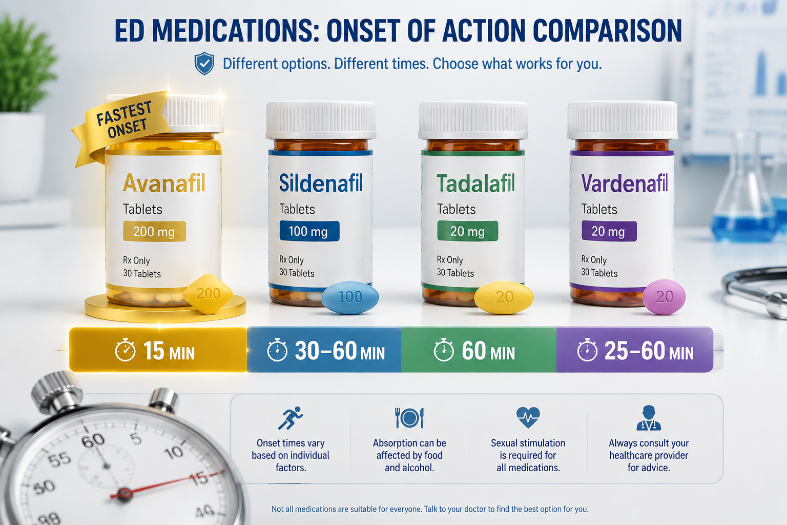 erectile dysfunction medication with fast results 1 Detailed () comparison infographic-style image showing four prescription ED medication pill bottles labeled Avanafil,