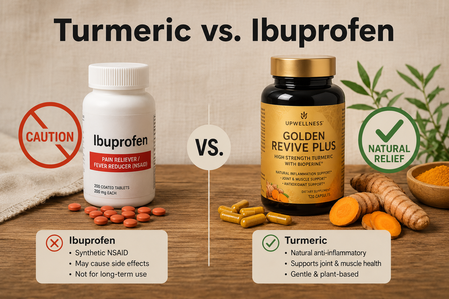 Detailed () comparison scene showing a wooden table with two clearly labeled sections: left side has a bottle of ibuprofen