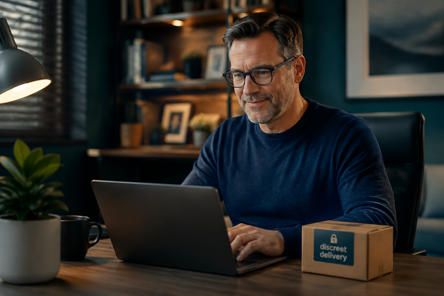 Detailed () concept illustration showing a middle-aged man in his 50s confidently using a laptop or smartphone to discreetly