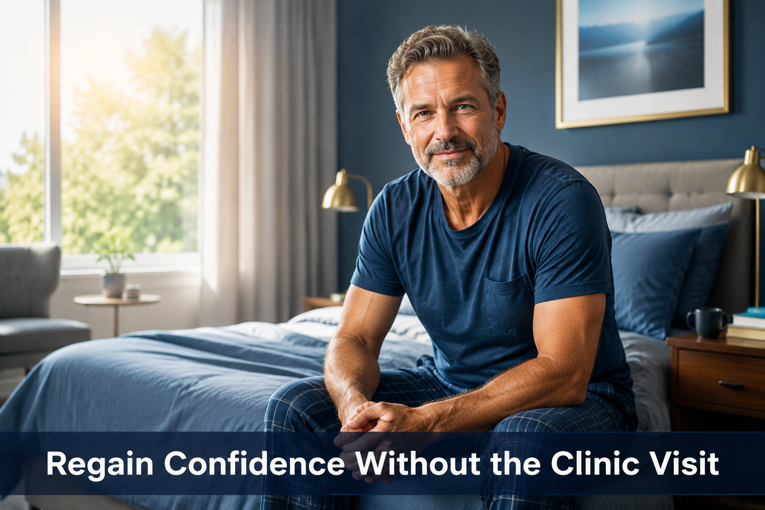 directmax vs viagra comparison 3 Detailed () confident mature man aged 50s sitting relaxed on edge of bed in modern bedroom, subtle smile, wearing casual