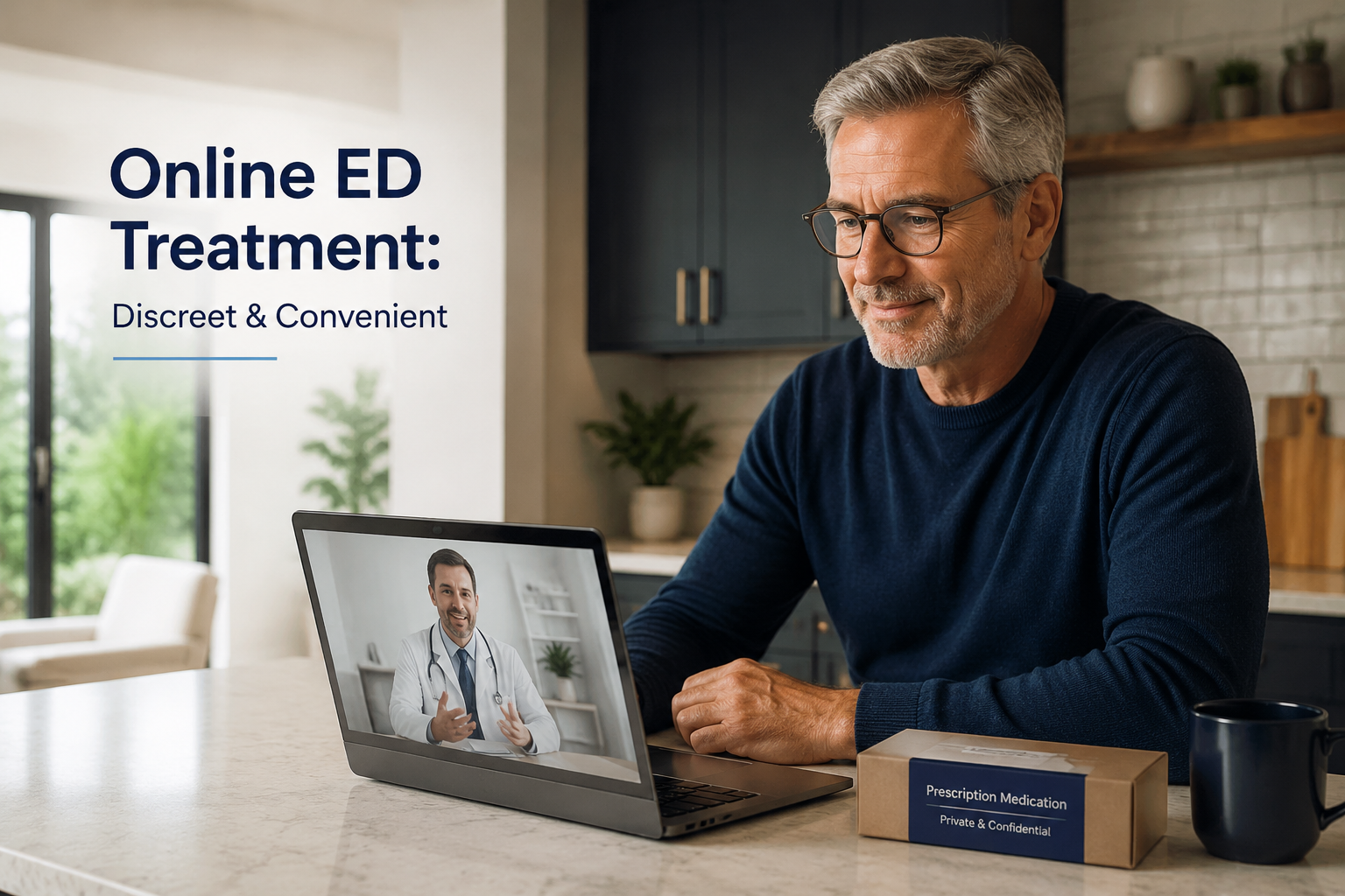 Detailed () depicting a confident man in his late 50s reviewing a telehealth consultation on a laptop at a modern kitchen