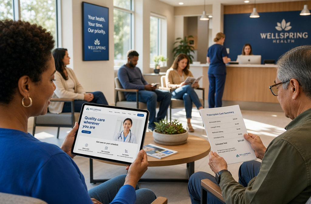 Detailed () depicting a diverse group of adults in a bright medical waiting room, one person holding a tablet showing a