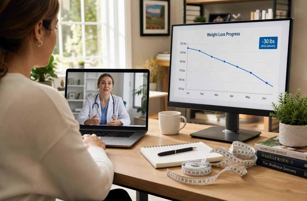 Detailed () depicting a person sitting at a laptop doing a telehealth video consultation with a doctor on screen, home