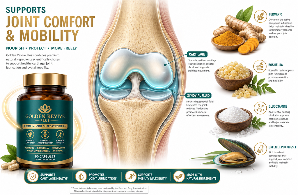 Detailed () editorial illustration showing a cross-section anatomical diagram of a healthy knee joint with glowing