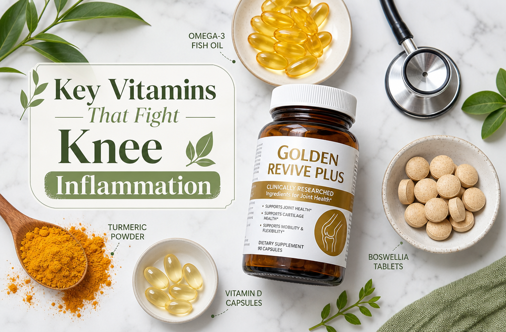 vitamins for knee joint pain 1 Detailed () editorial illustration showing a flat-lay arrangement of natural joint health supplements — vitamin D capsules,