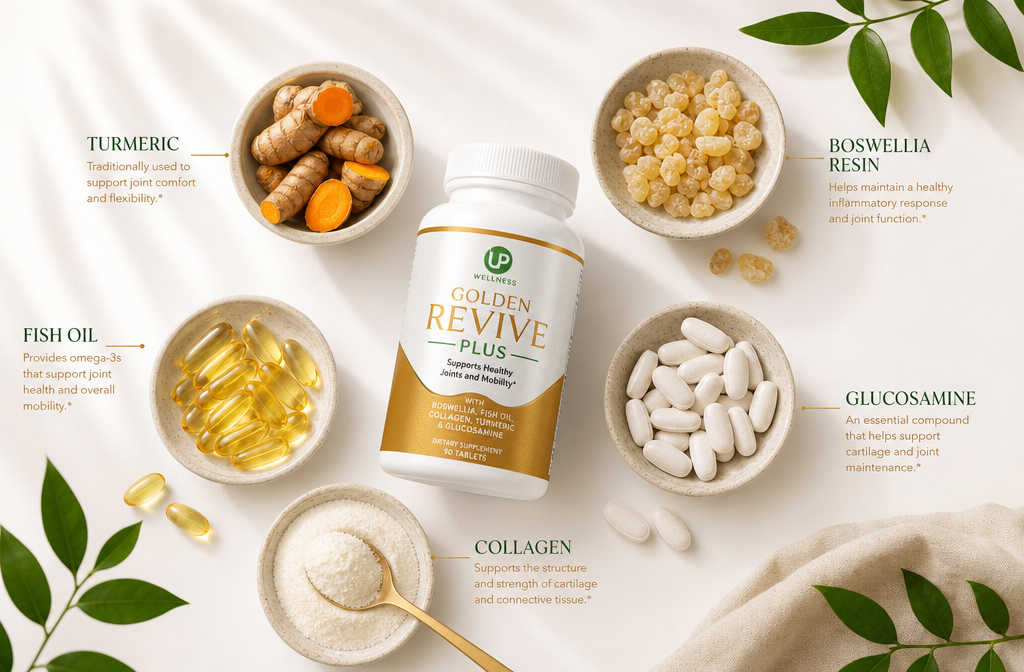 Detailed () editorial illustration showing a flat-lay arrangement of natural joint supplement ingredients on a clean white