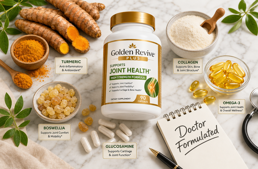 joint and muscle support supplements 1 Detailed () editorial illustration showing a flat-lay arrangement of natural supplement ingredients: turmeric root,