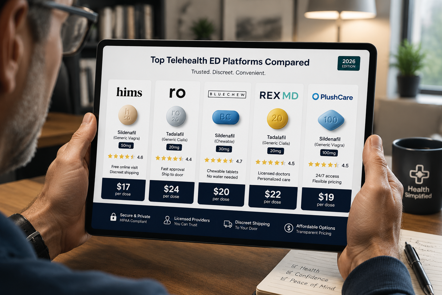 Detailed () editorial illustration showing a side-by-side comparison panel of five telehealth ED platforms — Hims, Ro Roman,