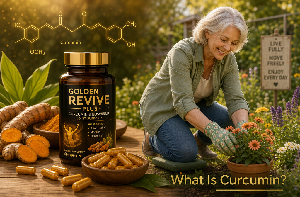 Turmeric curcumin joint pain 1 Detailed () editorial illustration showing a split-scene composition: left side features a close-up of golden turmeric root