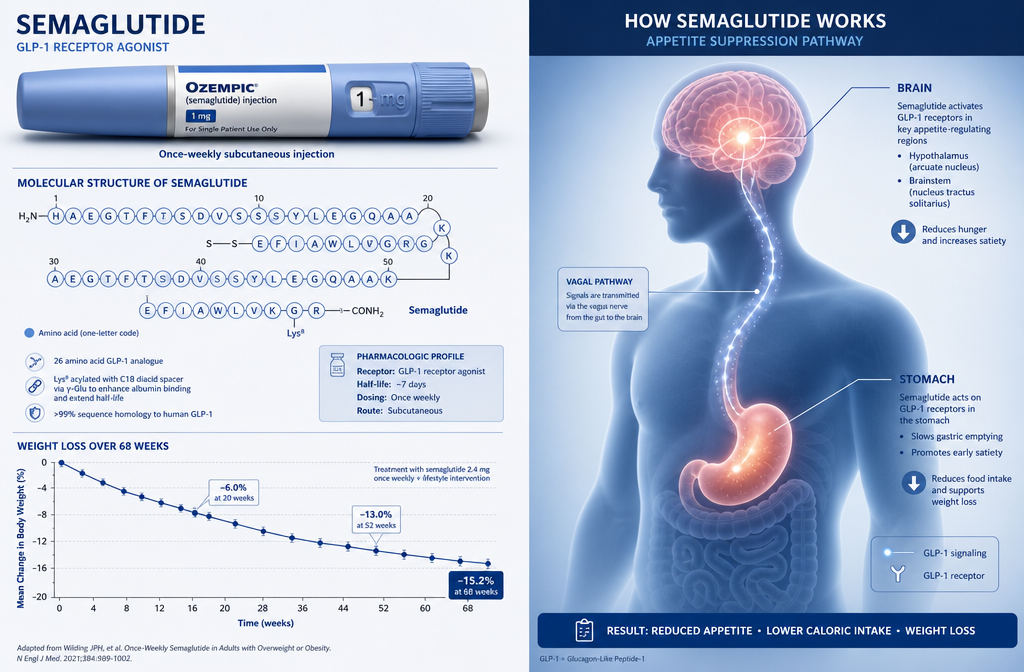 Detailed () editorial illustration showing a split-screen concept: left side displays a Wegovy semaglutide injection pen