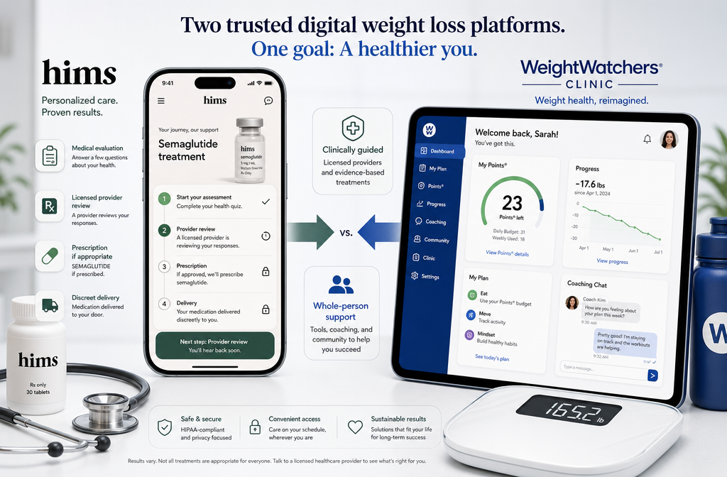 Detailed () editorial illustration showing two distinct telehealth weight loss platforms side by side: Hims branded mobile