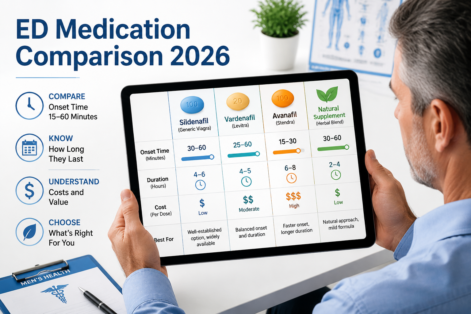 best alternative to tadalafil online 2 Detailed () editorial image showing a clean comparison chart of four ED medications — sildenafil, vardenafil, avanafil, and