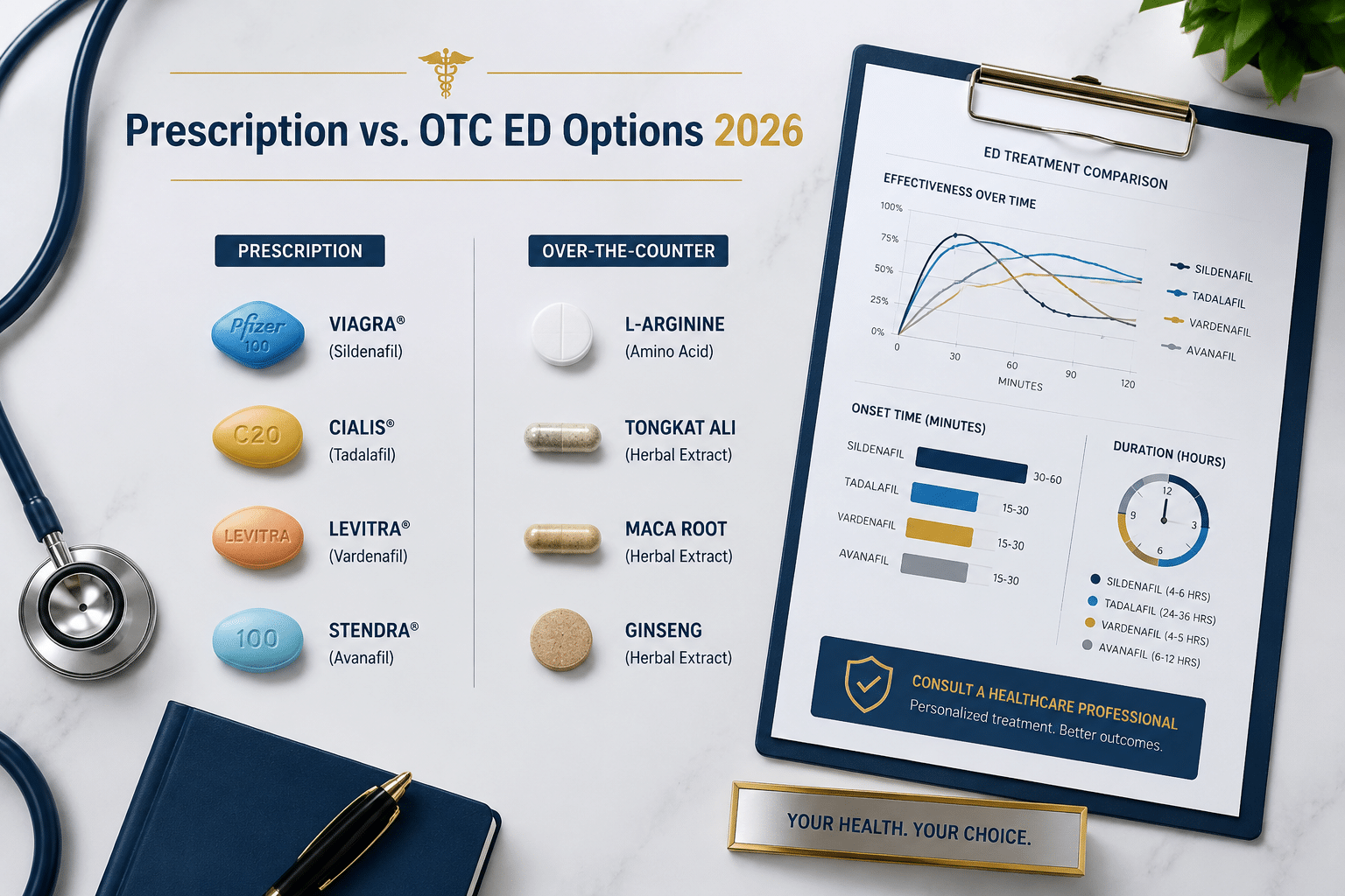 Detailed () editorial image showing a clean comparison flat-lay of various ED medication pill types on a sleek white surface