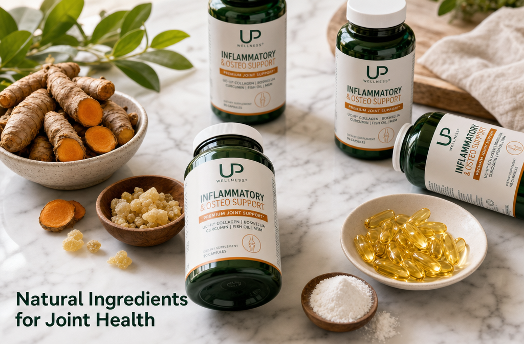 joint care supplements 2 Detailed () editorial image showing a clean flat-lay arrangement of natural joint supplement ingredients on a white marble