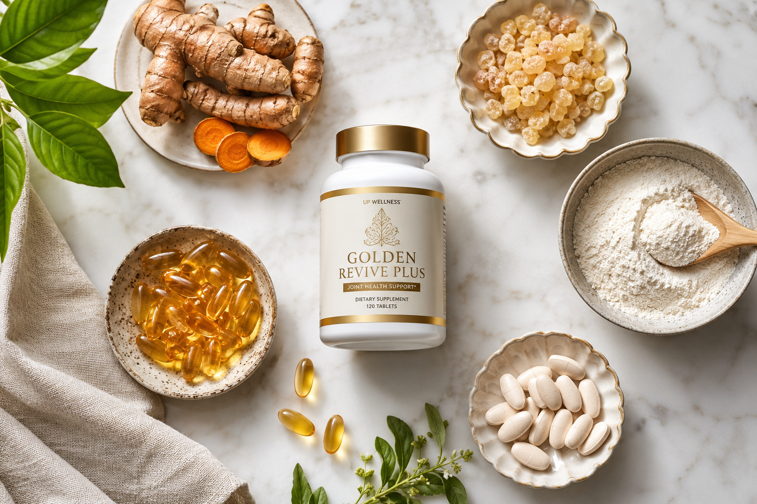 joint pain supplements 1 Detailed () editorial image showing a clean flat-lay arrangement of natural joint supplement ingredients on a white marble