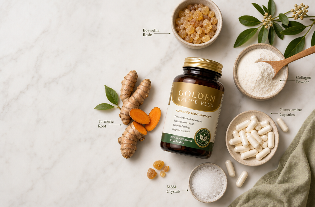 Detailed () editorial image showing a clean flat-lay arrangement of natural joint supplement ingredients — turmeric root,