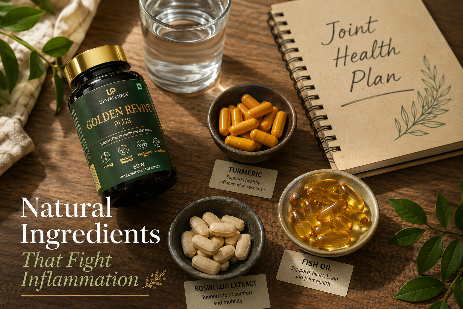 Supplement good for inflammation 1 Detailed () editorial image showing a close-up flat-lay of natural anti-inflammatory supplements — turmeric capsules, fish