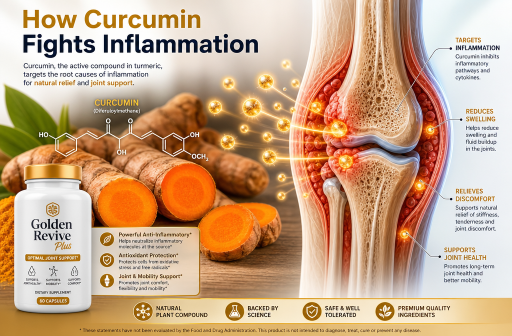Detailed () editorial image showing a close-up scientific split-scene: left side features fresh turmeric root cut open