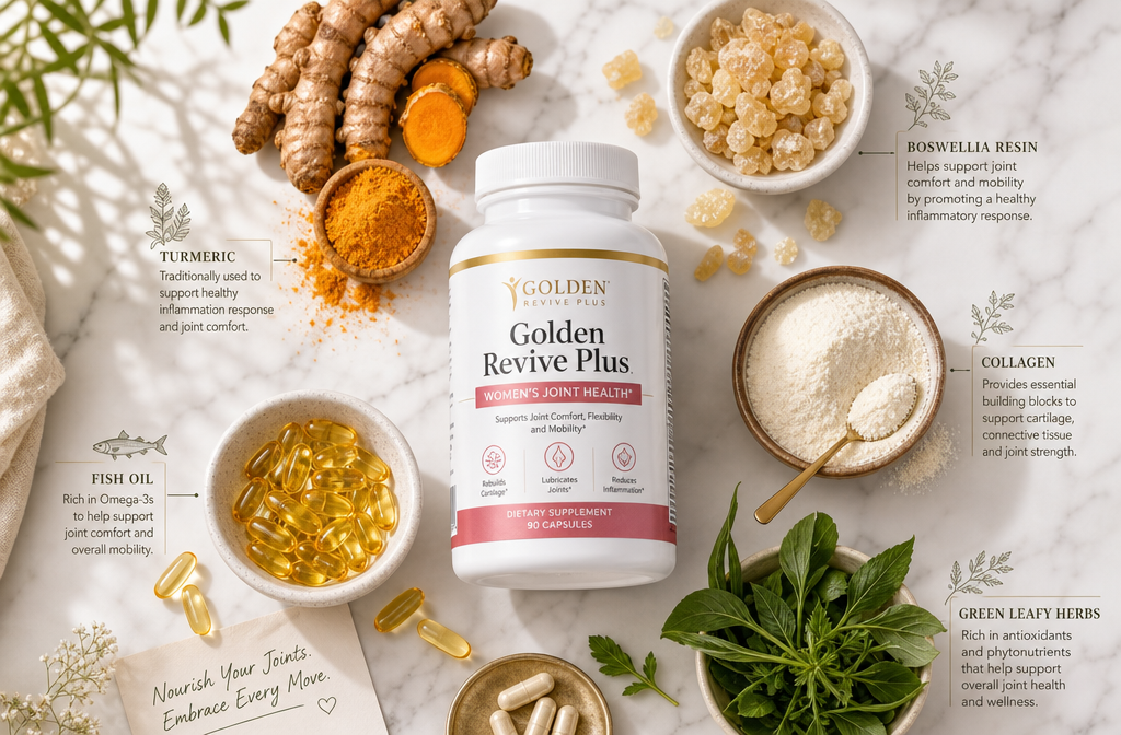 Detailed () editorial image showing a flat-lay arrangement of natural joint health supplement ingredients on a clean white