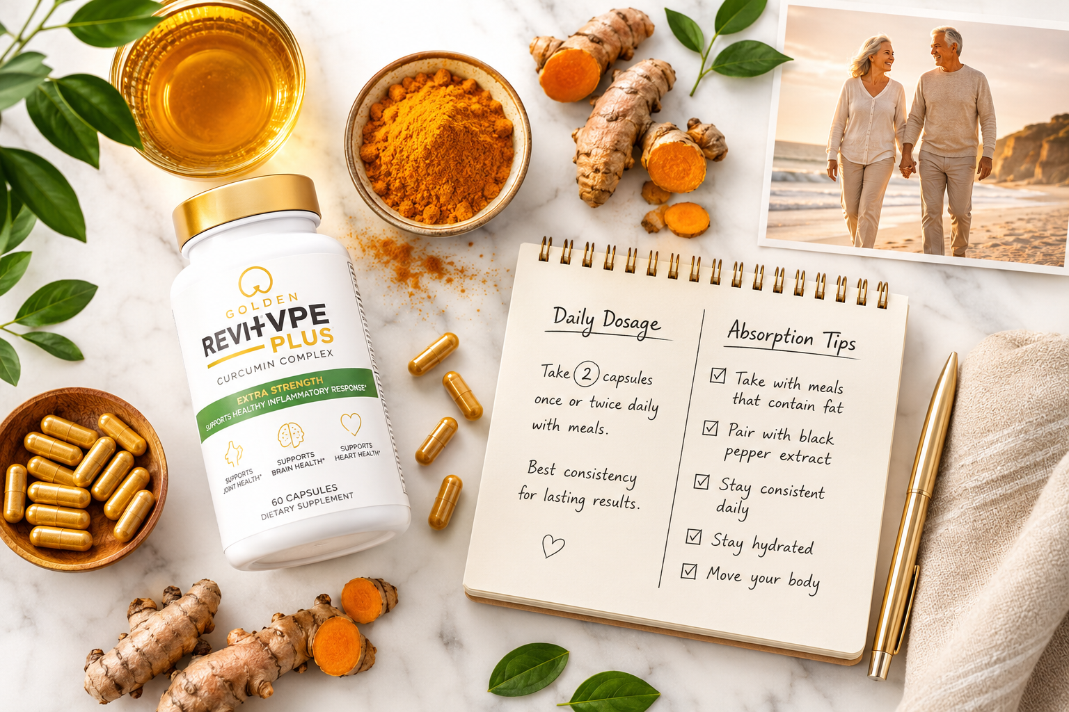Turmeric curcumin joint pain 3 Detailed () editorial image showing a top-down flat lay of turmeric supplements, capsules, and fresh turmeric root arranged