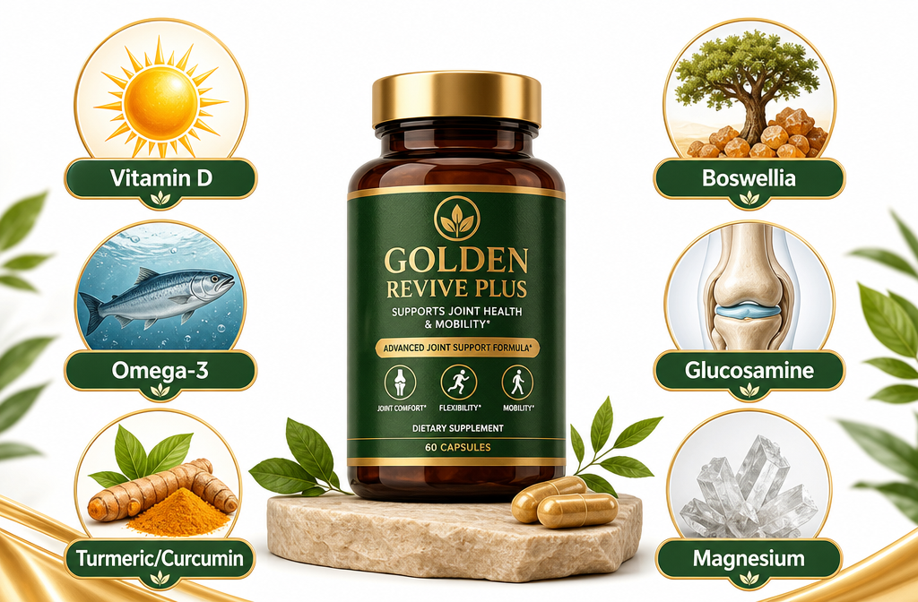 vitamins for joint pain 1 Detailed () educational infographic-style illustration showing six key vitamins and supplements for joint pain arranged in a