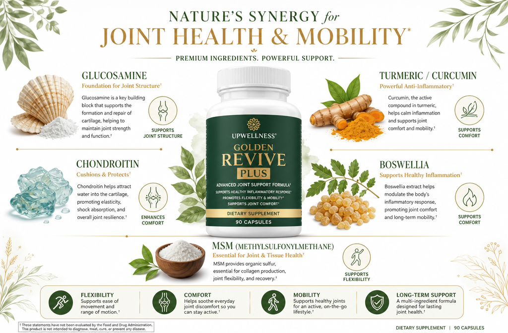 joint support supplements 1 Detailed () educational infographic-style image showing the key natural ingredients in joint support supplements: