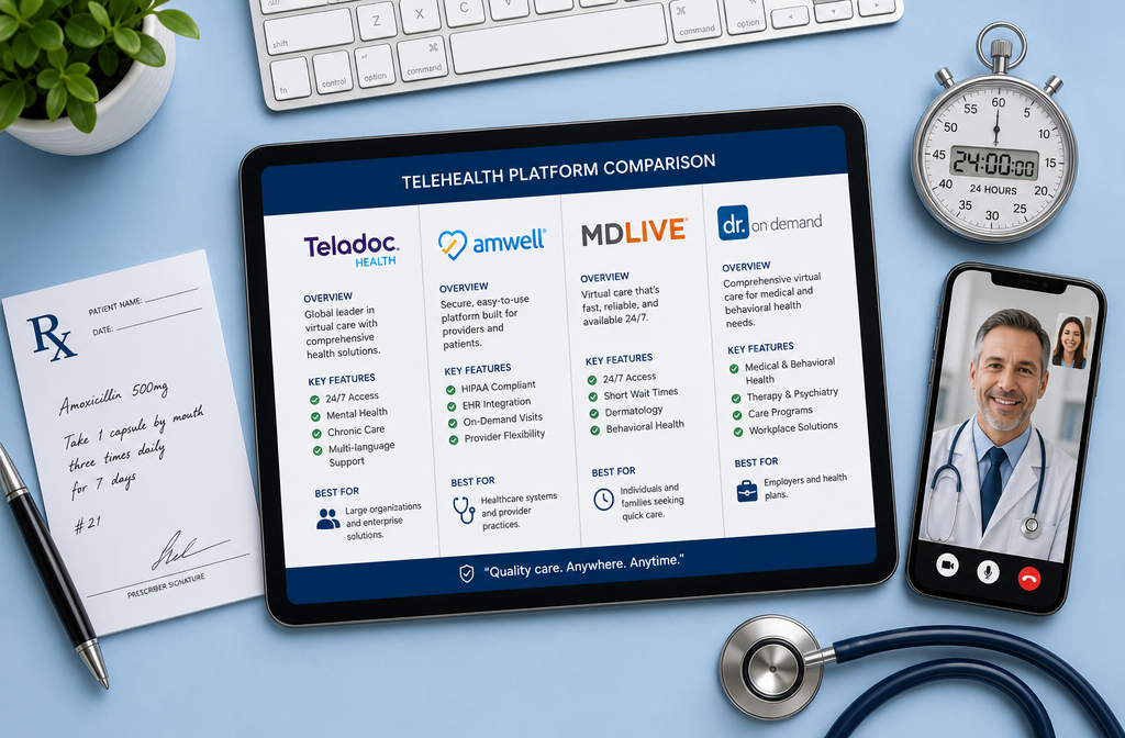 Detailed () flat-lay comparison scene showing four telehealth platform logos on a digital tablet screen side by side, a