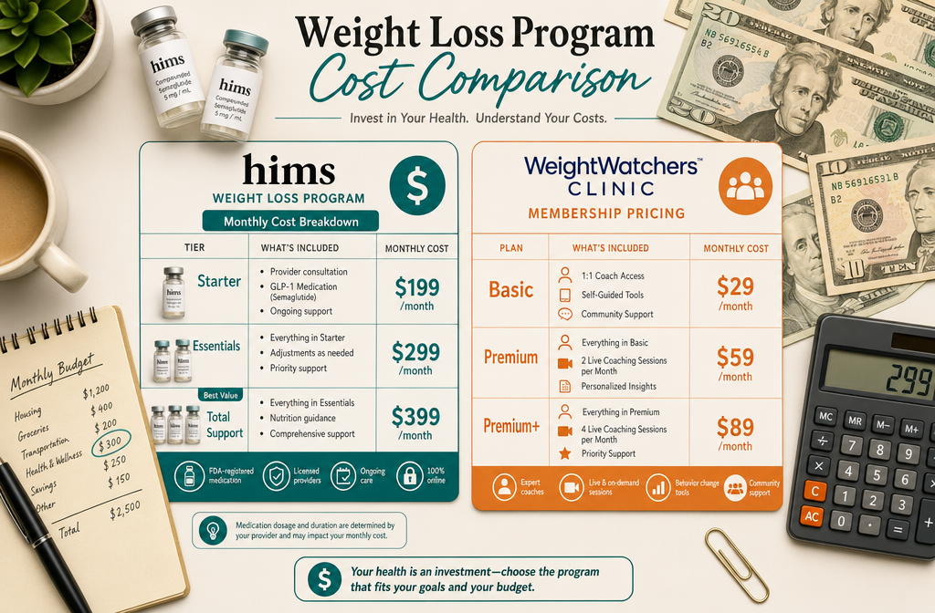Detailed () flat-lay cost comparison infographic showing two pricing tables on a clean desk surface: Hims weight loss