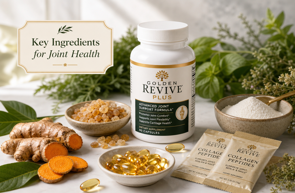 good supplement for joint pain 1 Detailed () flat-lay editorial image showing a clean white surface with natural joint supplement ingredients artfully