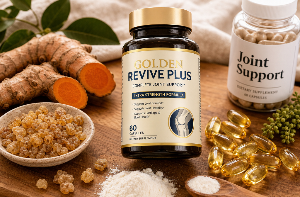 Detailed () flat-lay product and ingredient image: a wooden surface displaying natural joint supplement ingredients
