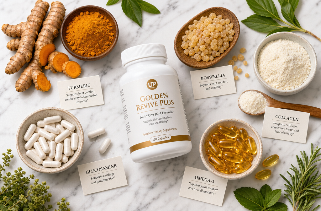 best joint supplement for women 1 Detailed () flat-lay product and ingredient photo. Close-up overhead shot of natural joint supplement ingredients arranged