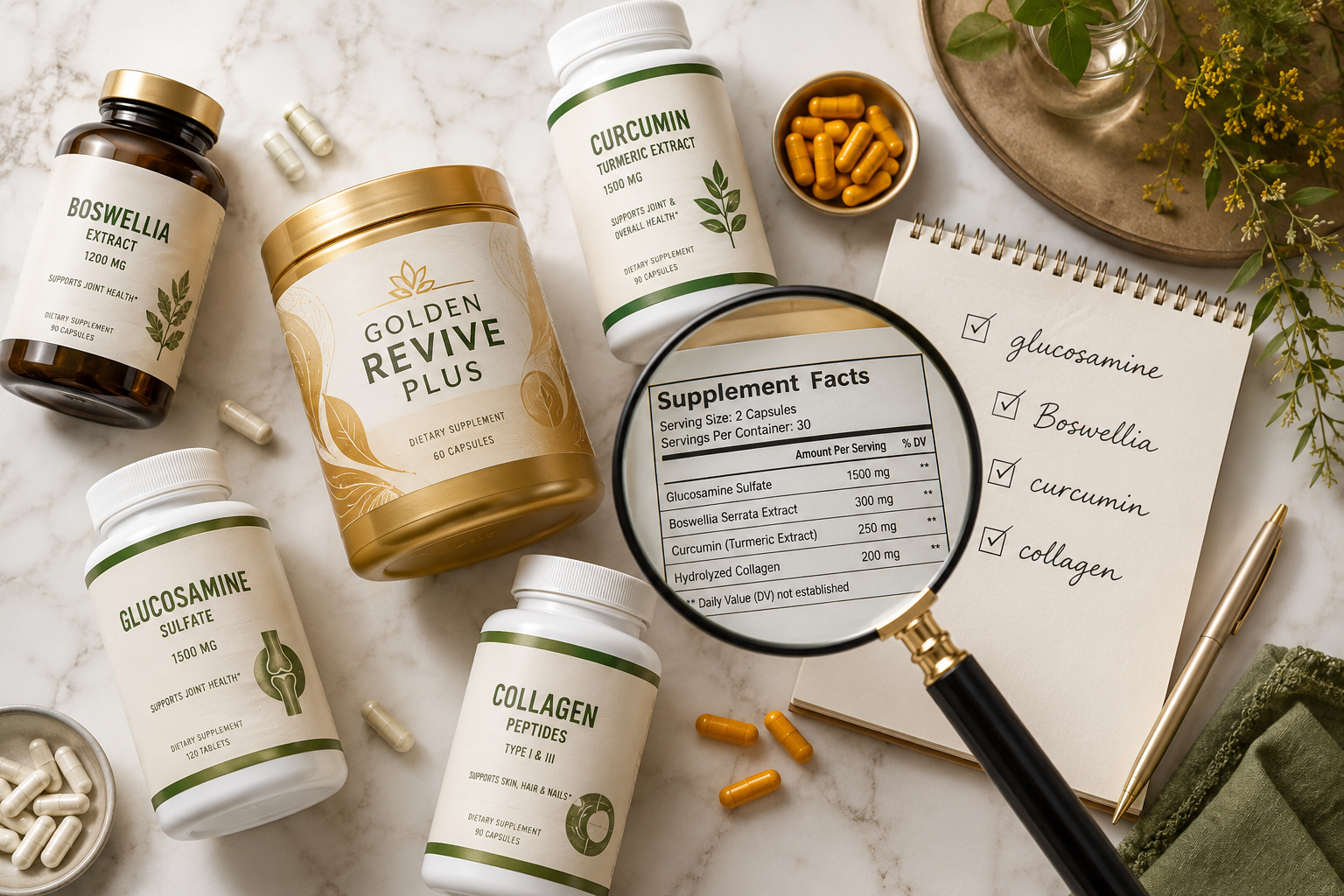 Detailed () flat-lay product comparison image showing several supplement bottles and capsules arranged on a clean white