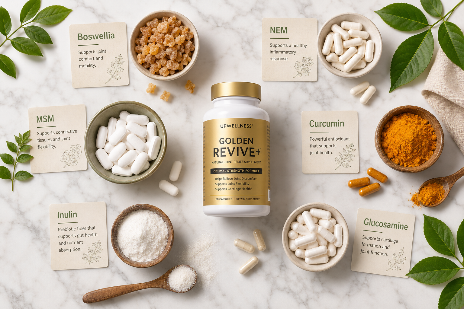 Detailed () flat-lay product comparison image showing various natural joint supplement capsules, tablets, and powders