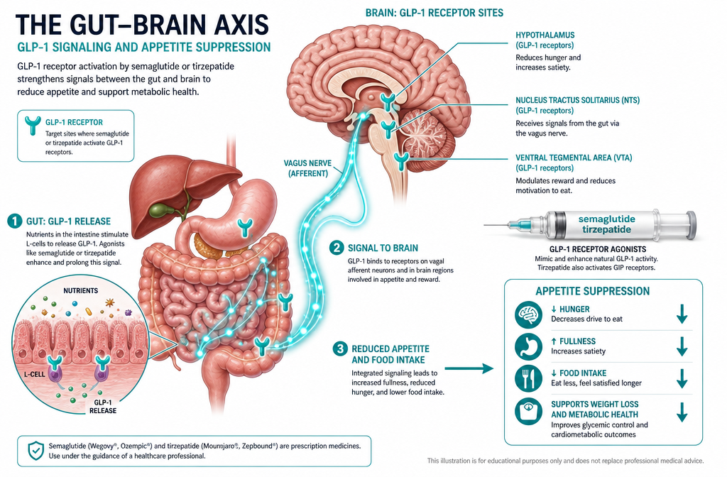 Detailed () illustration showing a human digestive system and brain connected by glowing neural pathways, with GLP-1