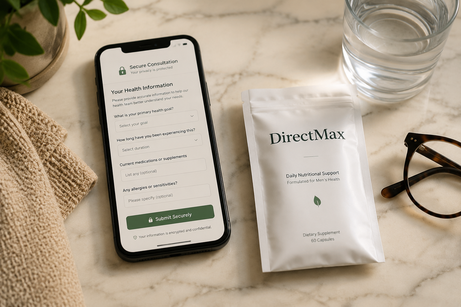best online ed program for older men 2 Detailed () image showing a close-up overhead shot of a smartphone displaying a secure online health consultation form,