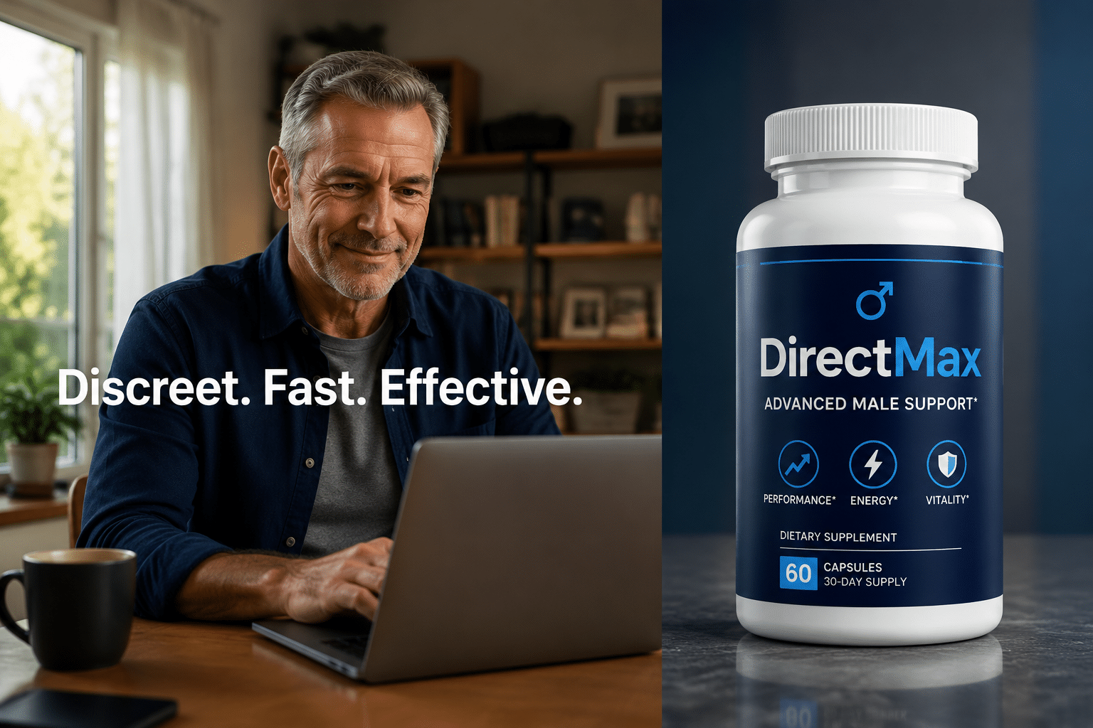 Detailed () image showing a confident man in his late 50s sitting at a laptop at home, discreetly ordering medication online