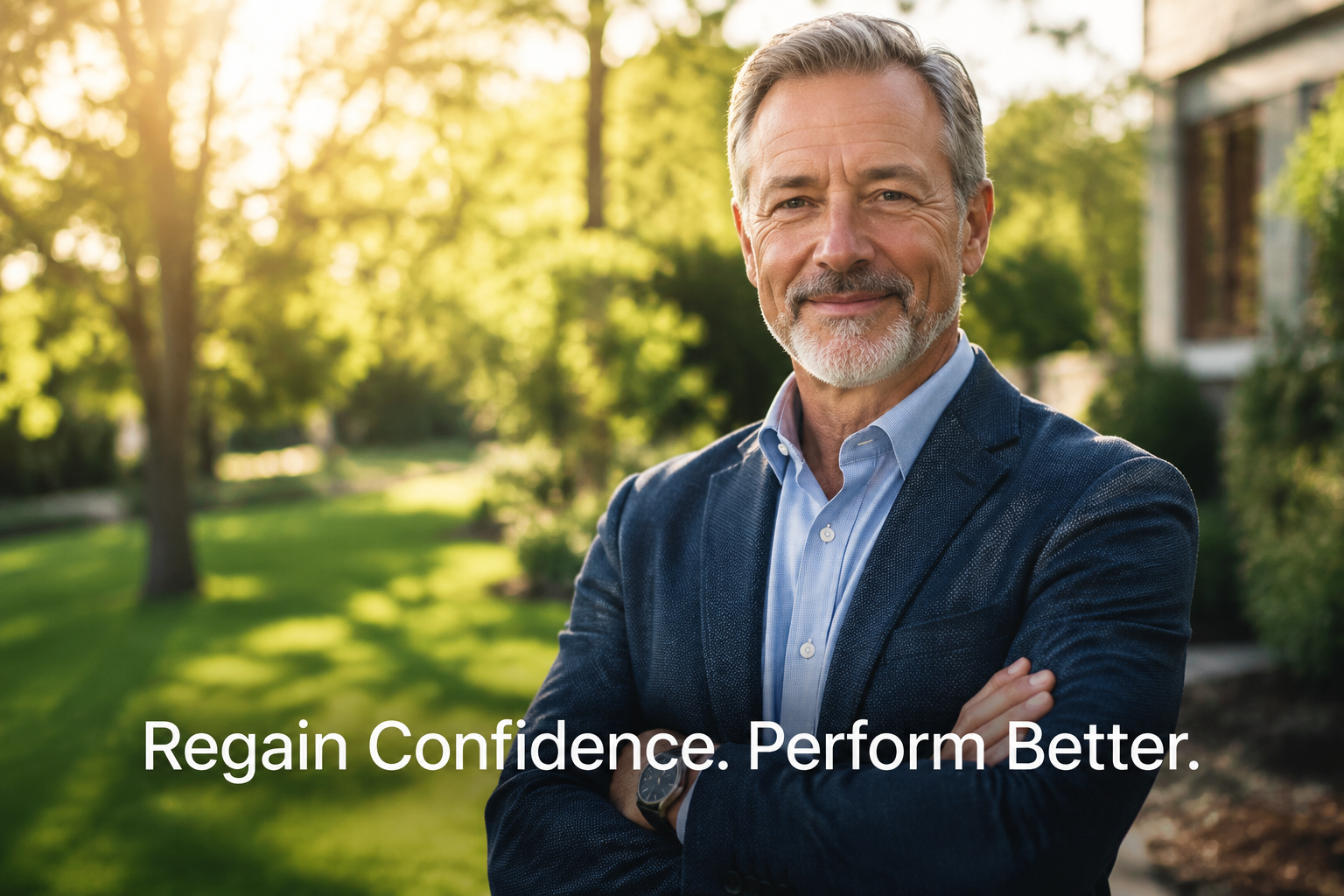 best online ed program for older men 3 Detailed () image showing a confident man in his late 50s standing outdoors in morning light, arms crossed, relaxed smile,