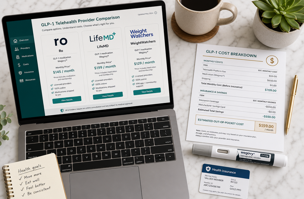 Detailed () image showing a flat-lay overhead shot of a laptop displaying a telehealth provider comparison dashboard with