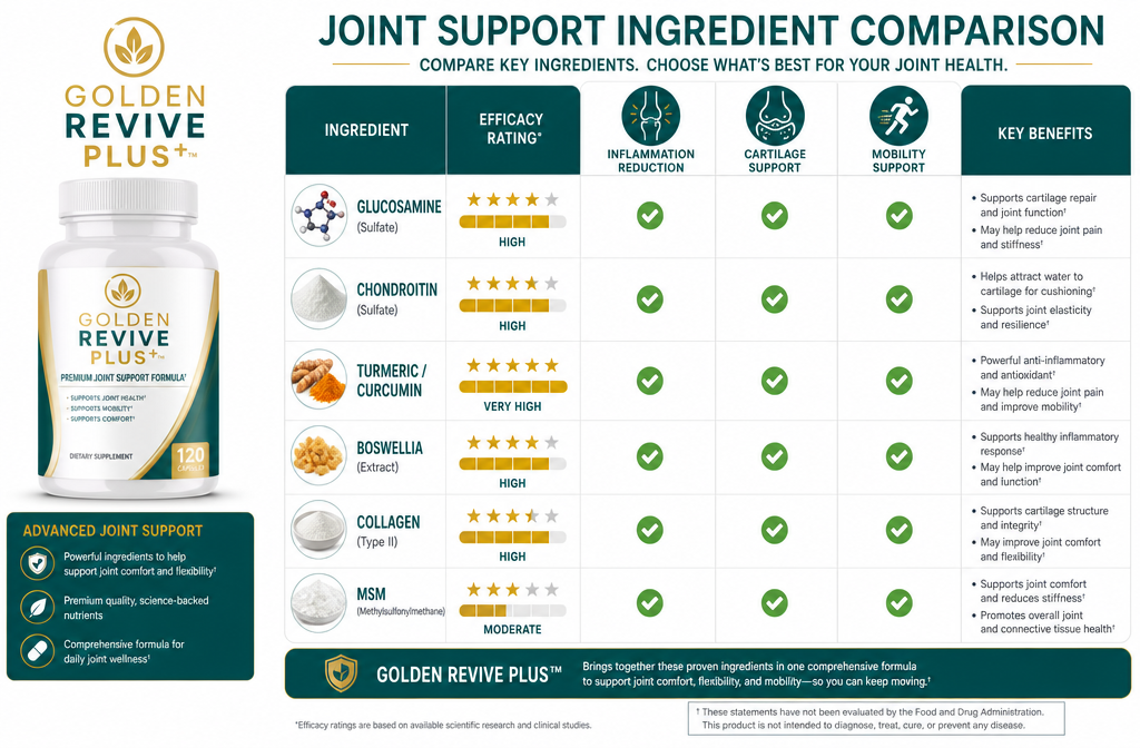 joint pain supplements 2 Detailed () infographic-style illustration showing a side-by-side comparison chart of key joint supplement ingredients