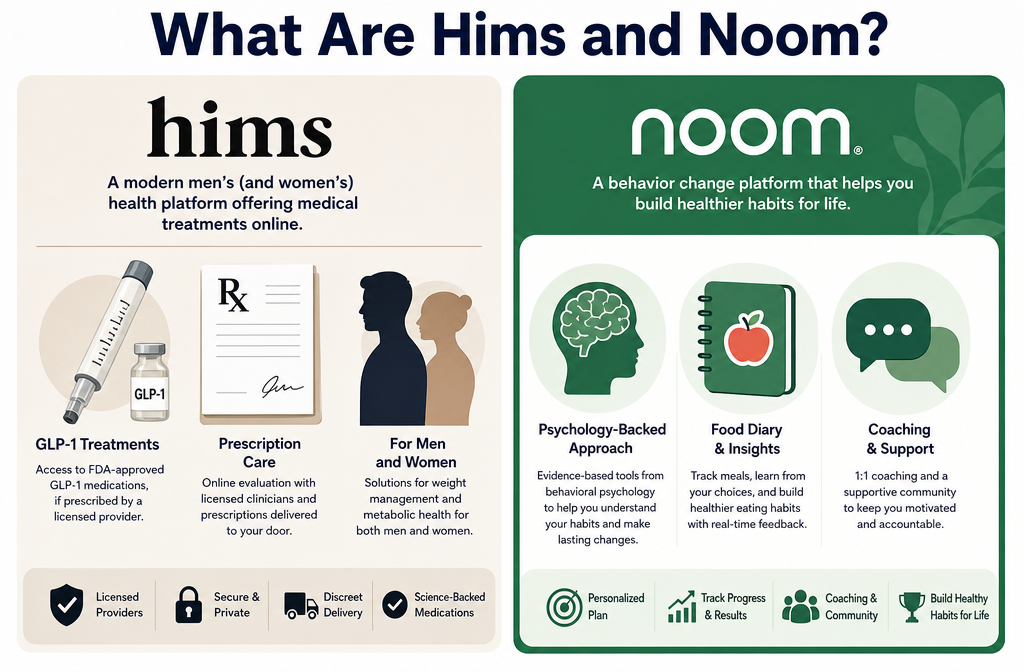 Detailed () infographic-style illustration showing two distinct telehealth platforms side by side: left panel features Hims
