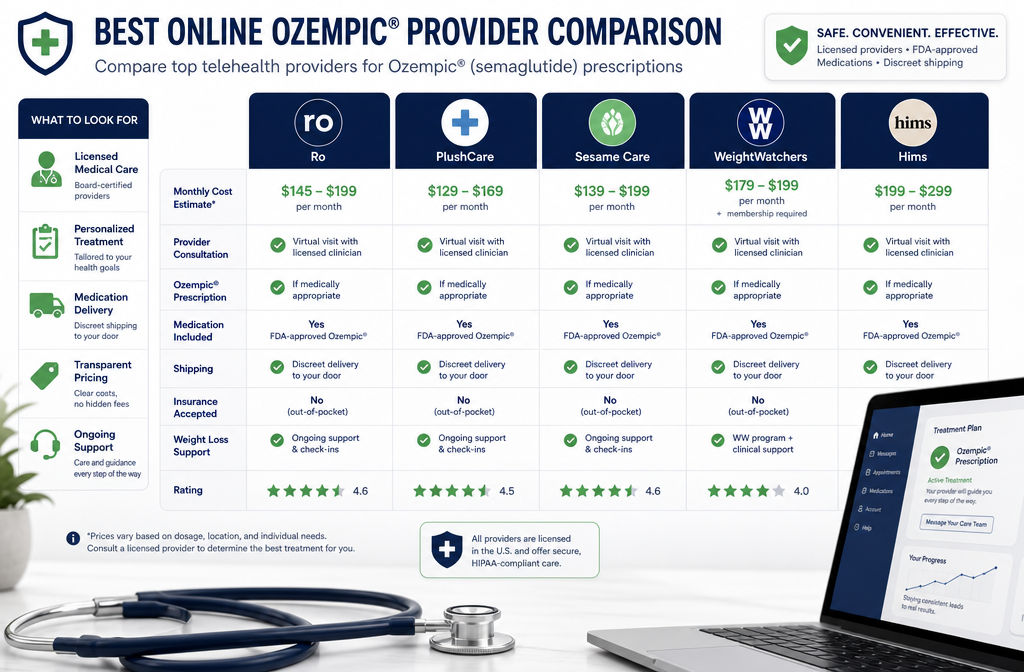 Detailed () infographic-style image showing a side-by-side comparison table of top telehealth providers (Ro, PlushCare,
