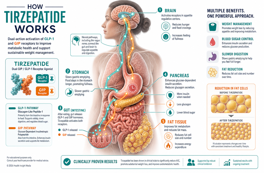 Detailed () informational illustration showing a cross-section diagram of how tirzepatide (Zepbound) works in the human