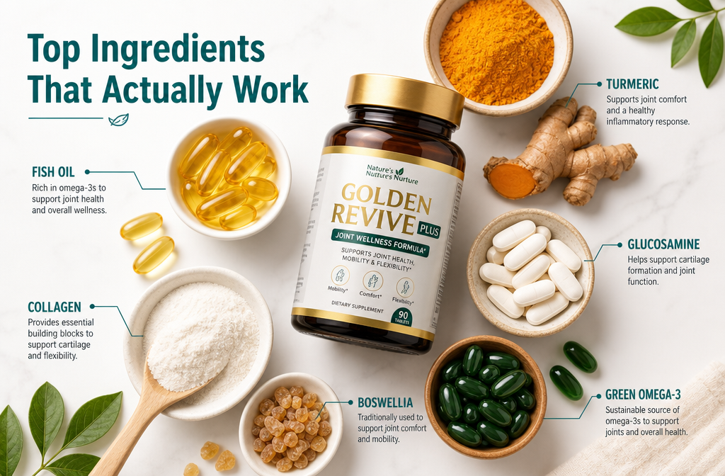 Detailed () informational illustration showing a flat-lay arrangement of natural supplement ingredients on a clean white