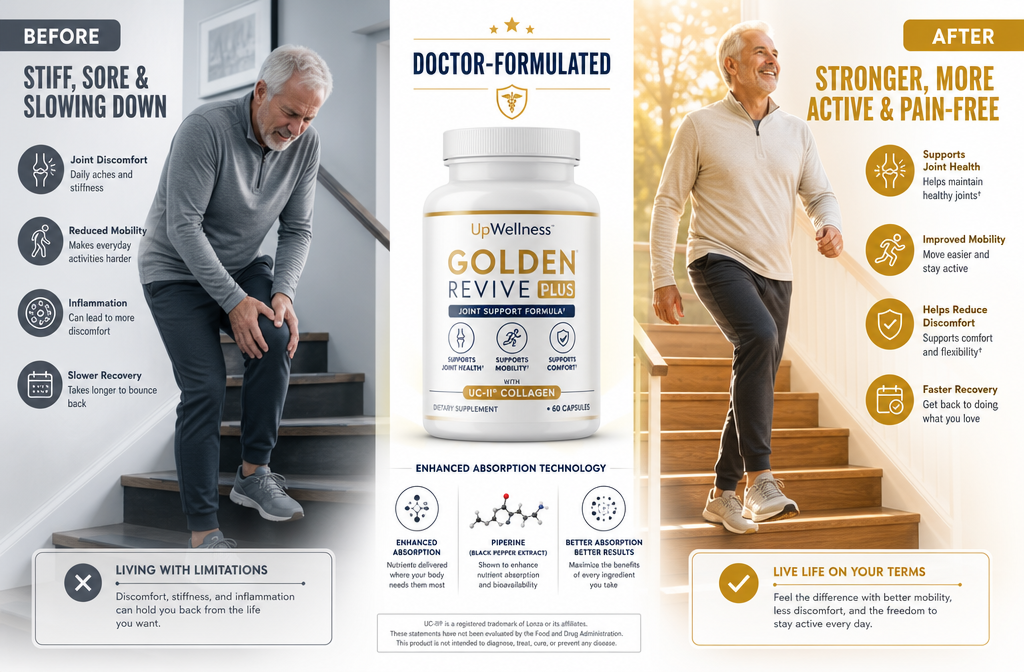 Turmeric curcumin joint pain 2 Detailed () informational-style editorial image showing a clean comparison visual: on the left, a frustrated older man