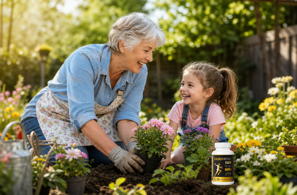 joint pain supplements 3 Detailed () lifestyle editorial photo of a happy grandmother in her late 60s kneeling comfortably in a sunny garden,