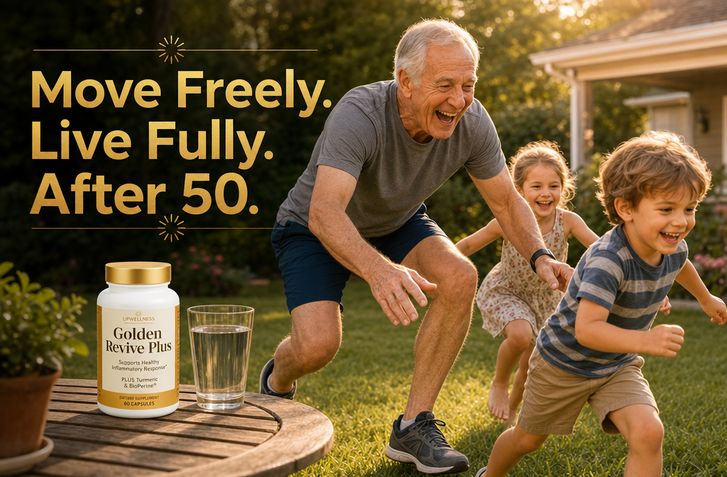 Detailed () lifestyle image of a fit, happy grandfather in his 70s playing actively with two young grandchildren on a grassy